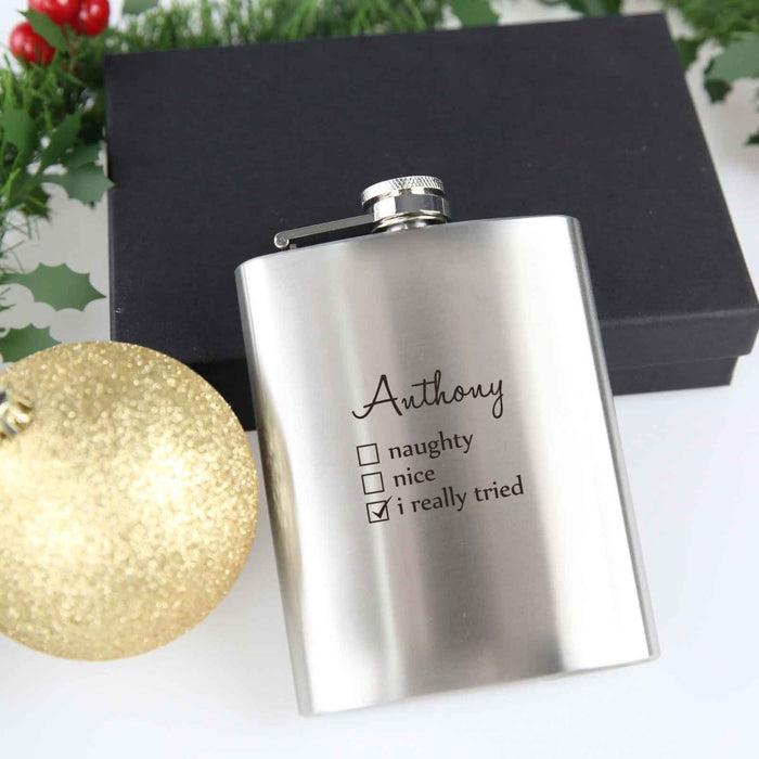 Customised Engraved Merry Christmas & Happy New Years Silver Hip Flask Present