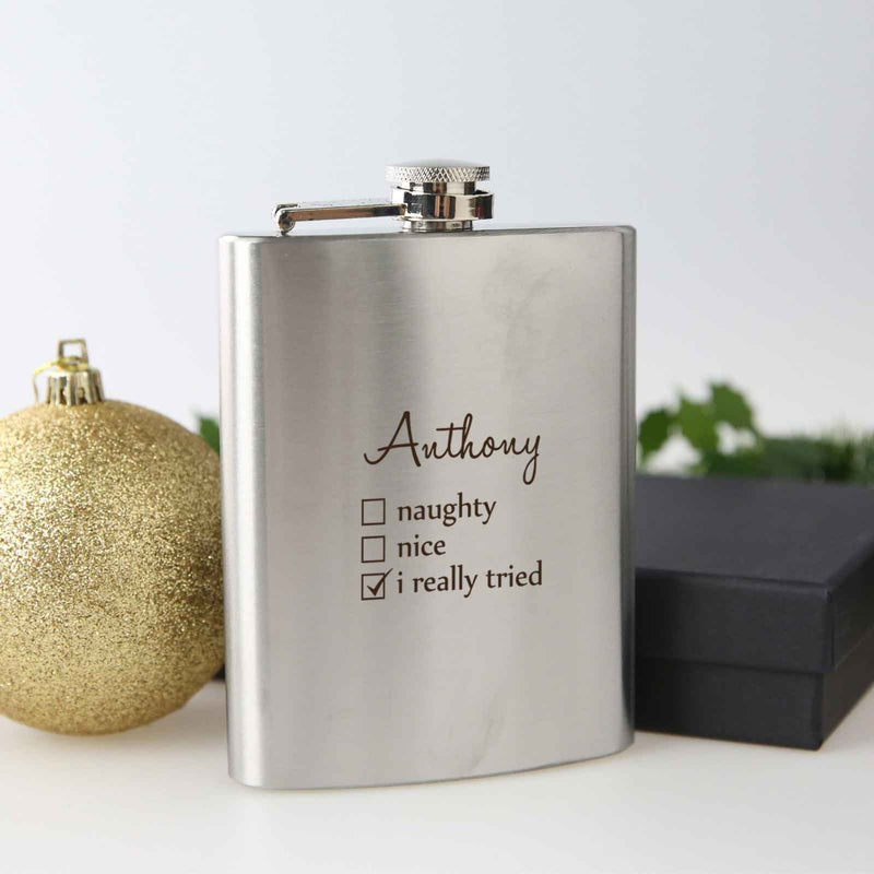 Custom Engraved Name Christmas Silver Hip Flask