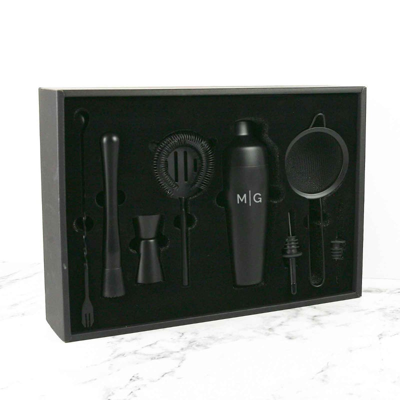 Custom Artwork Engraved Initials Black Cocktail Shaker Gift Set Christmas Present