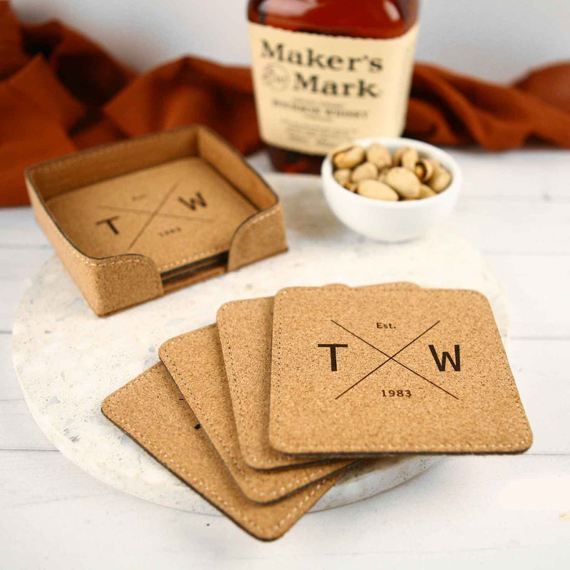 Custom Designed Engraved Cork Square Coasters Housewarming Present