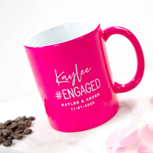 Personalised Engraved wedding engagement aqua and pink coffee mugs gift