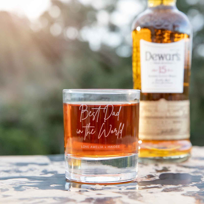 Custom Designed Engraved "Best Dad in the World" Father's Day Round Scotch Glass present