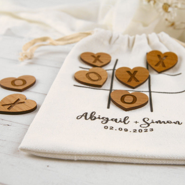 Custom Designed Engraved Wooden Noughts & Crosses Printed Calico Bag Wedding Game Favour
