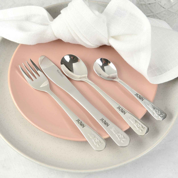 Custom Designed Engraved Child's Name bunny fork, knife, spoon and teaspoon gift set