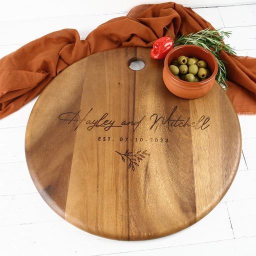 Personalised Engraved Wedding Round Acacia Serving Board Present