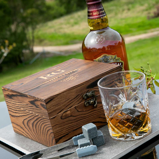 Customised Engraved Godparent Rustic Wooden Gift Boxed Scotch Glass and Whiskey Stone Set