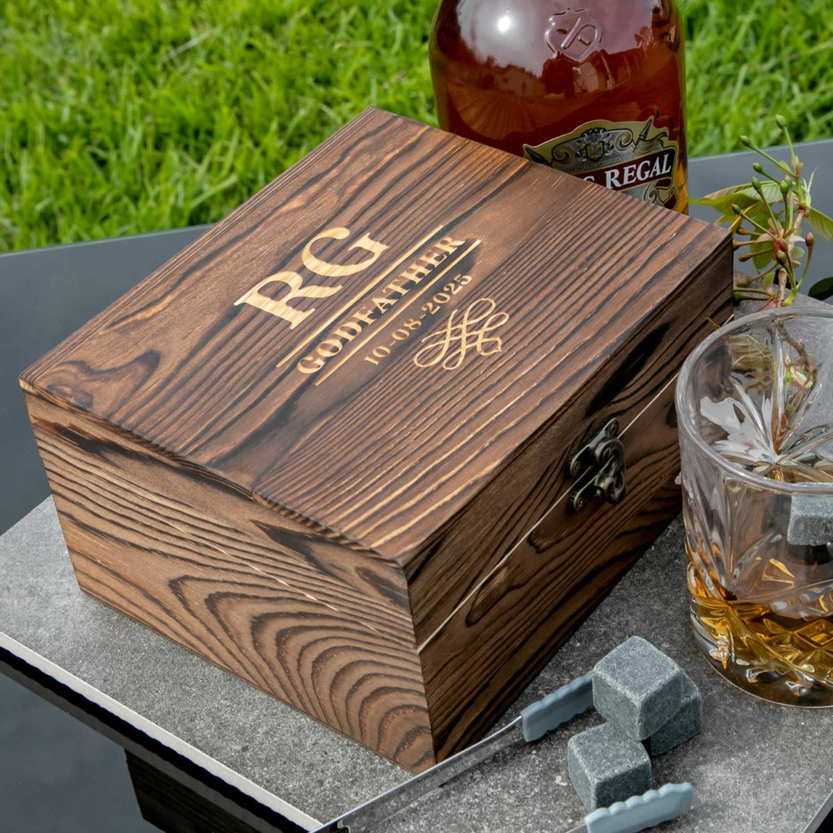 Godfather Engraved Rustic Wooden Box Scotch Glass And Whiskey Stone