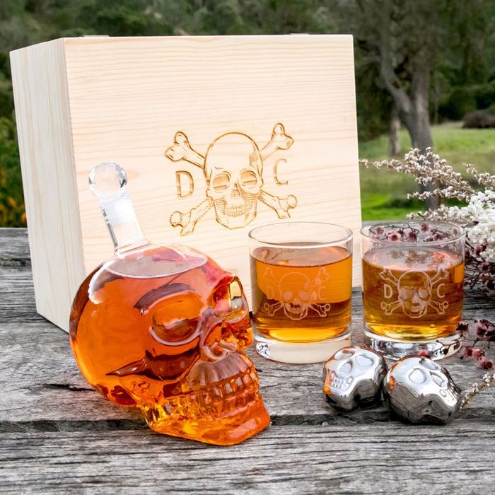Personalised Engraved Wooden Gift Boxed Skull Decanter Set