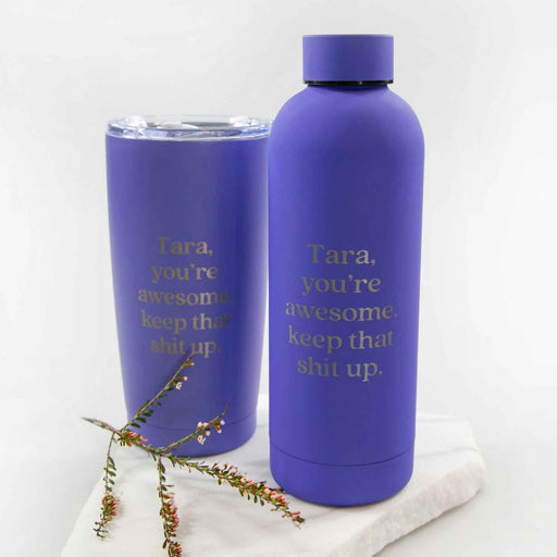 Personalised Engraved Purple Travel Mug and Water Bottle Set
