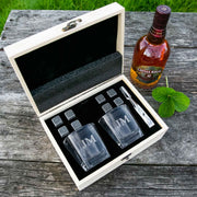 Custom Designed Engraved Initials Wooden Gift Boxed Square Scotch Glass Twin Set with Whiskey Stones