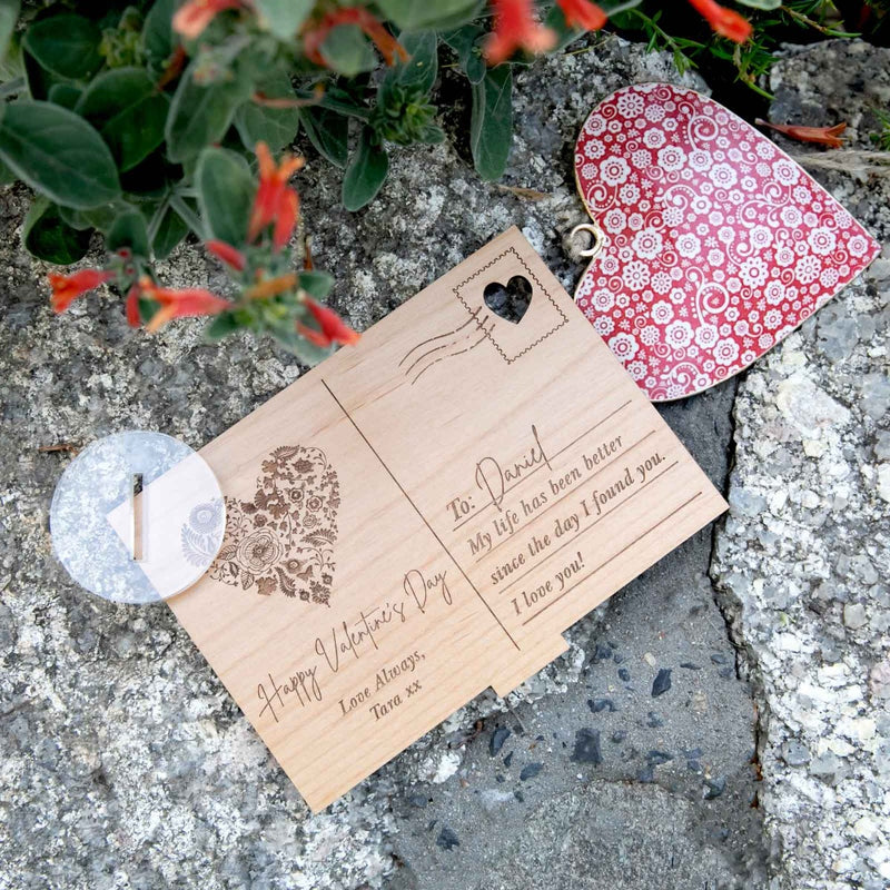 Personalised Engraved Valentine's Wooden Postcard with Stand