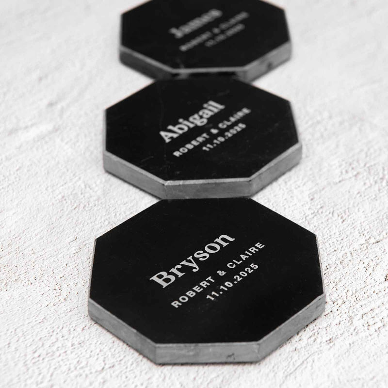 Engraved Black Octagonal Marble Coaster Wedding Place Card