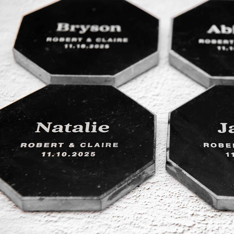 Engraved Black Octagonal Marble Coaster Wedding Place Card