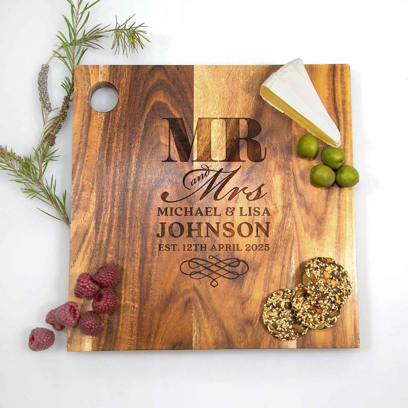 Engraved Custom designed bride and groom wedding cheese board present