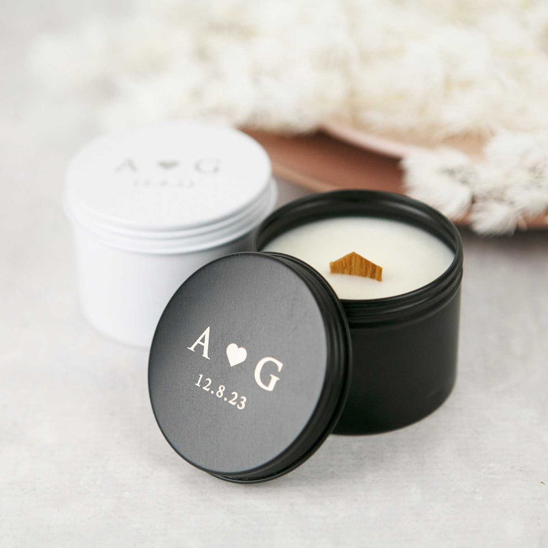 Custom Artwork Engraved Wooden Wick Soy Candle Black or White Tin Wedding Gift