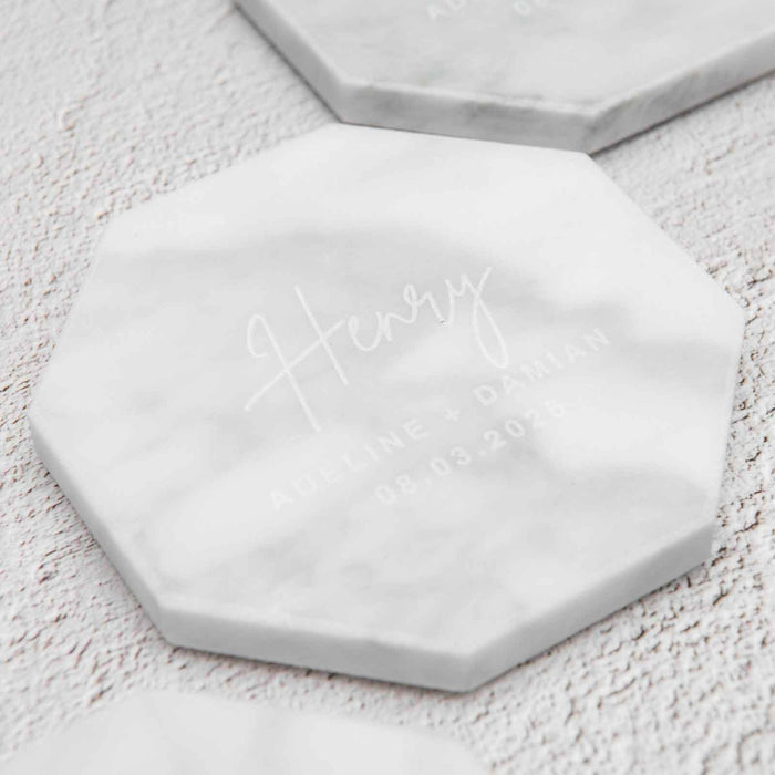 Engraved White Octagonal Marble Coaster Wedding Place Card