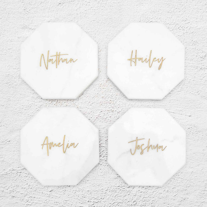 Custom Designed Engraved Wedding White Octagon Marble Coaster with Metallic Gold In-fill Place Card Favours