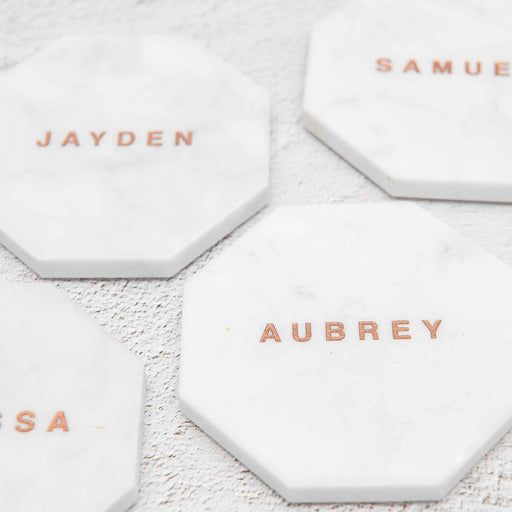 Customised Engraved Wedding White Octagonal Marble Coaster with Metallic Rose Gold In-fill Place Card Favours