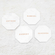 Custom Designed Engraved White Octagonal Marble Coaster with Metallic Rose Gold In-fill Wedding Place Card Bomboniere