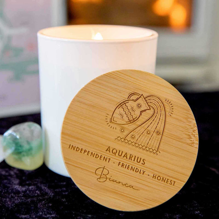 Personalised Engraved Wooden Lid Zodiac Soy Candle Aquarius with Wood Wick