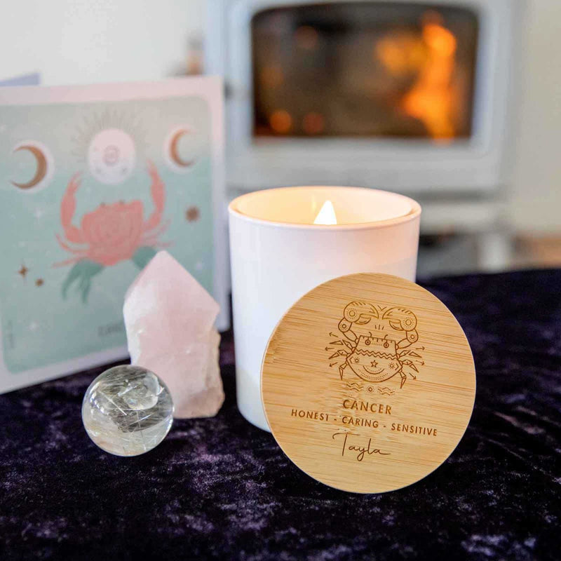 Birthday Custom Designed Engraved Wooden Lid Zodiac Soy White Candle with Wood Wick Cancer