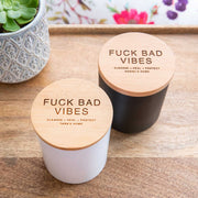 Customised Inappropriate  No Bad Vibes Wood Wick Soy Candle with Engraved Wooden Lid Birthday Present