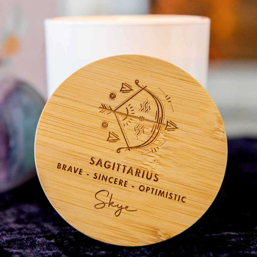 Personalised Engraved Wooden Lid Zodiac Soy Candle Sagittarius with Wood Wick