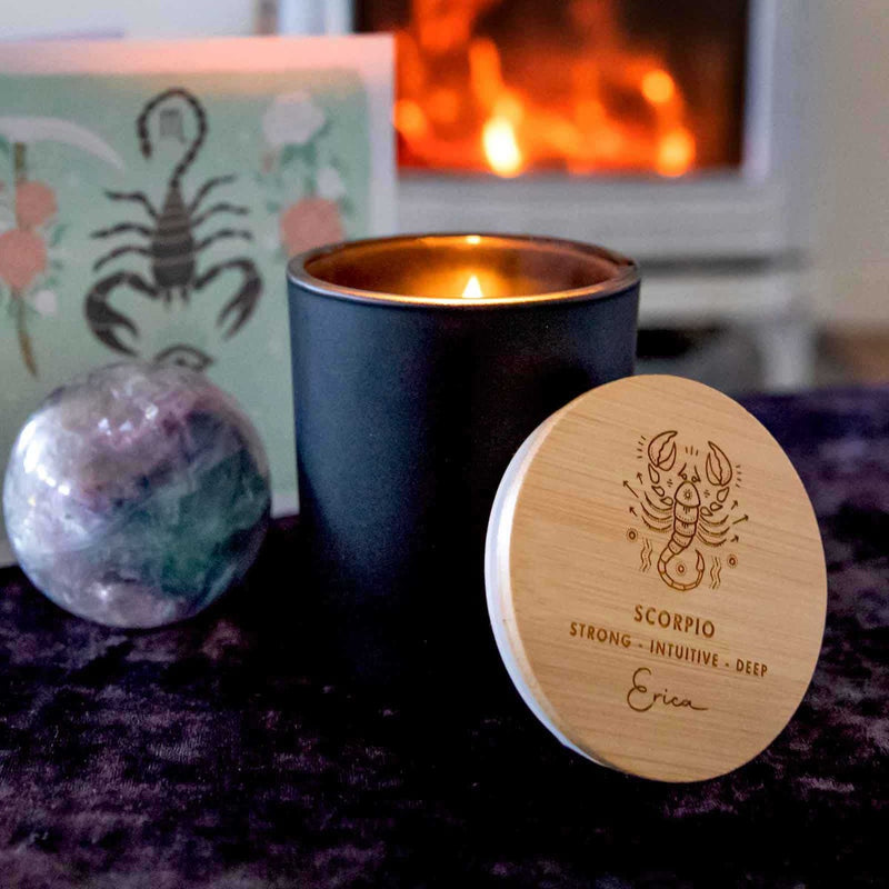 Birthday Customised Engraved Wooden Lid Zodiac Soy Black Candle with Wood Wick Scorpio