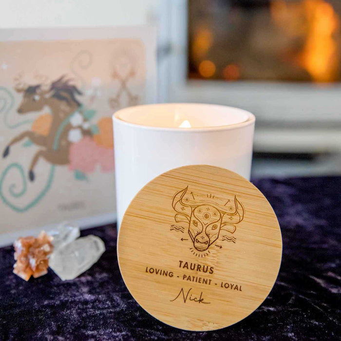 Birthday Custom Designed Engraved Wooden Lid Zodiac Soy White Candle with Wood Wick Taurus