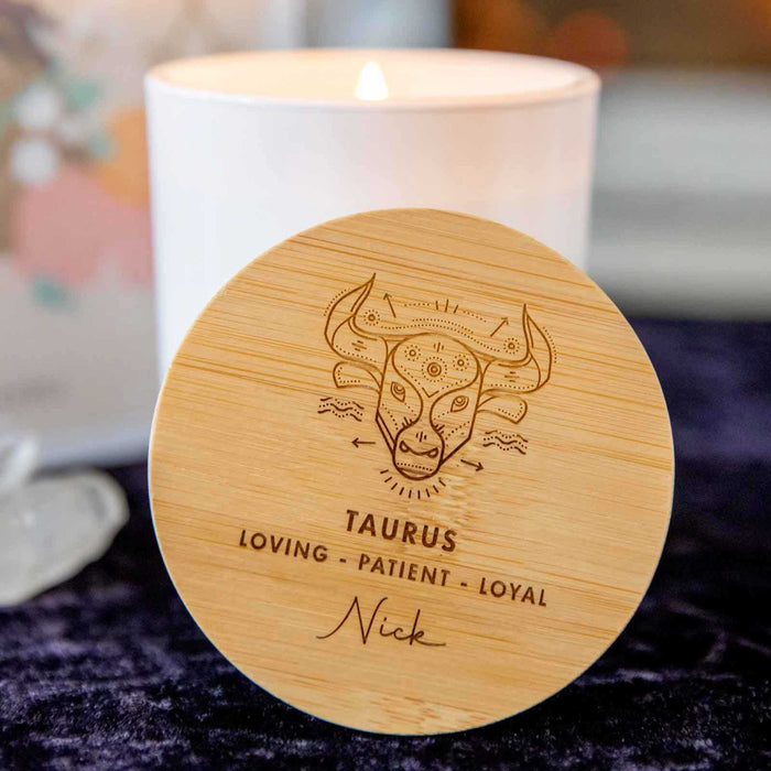 Personalised Engraved Wooden Lid Zodiac Soy Candle Taurus with Wood Wick
