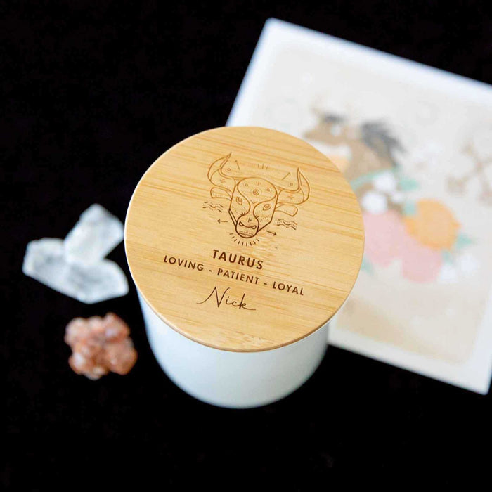 Taurus Birthday Personalised Engraved Wooden Lid Zodiac Soy Candle with Wood Wick