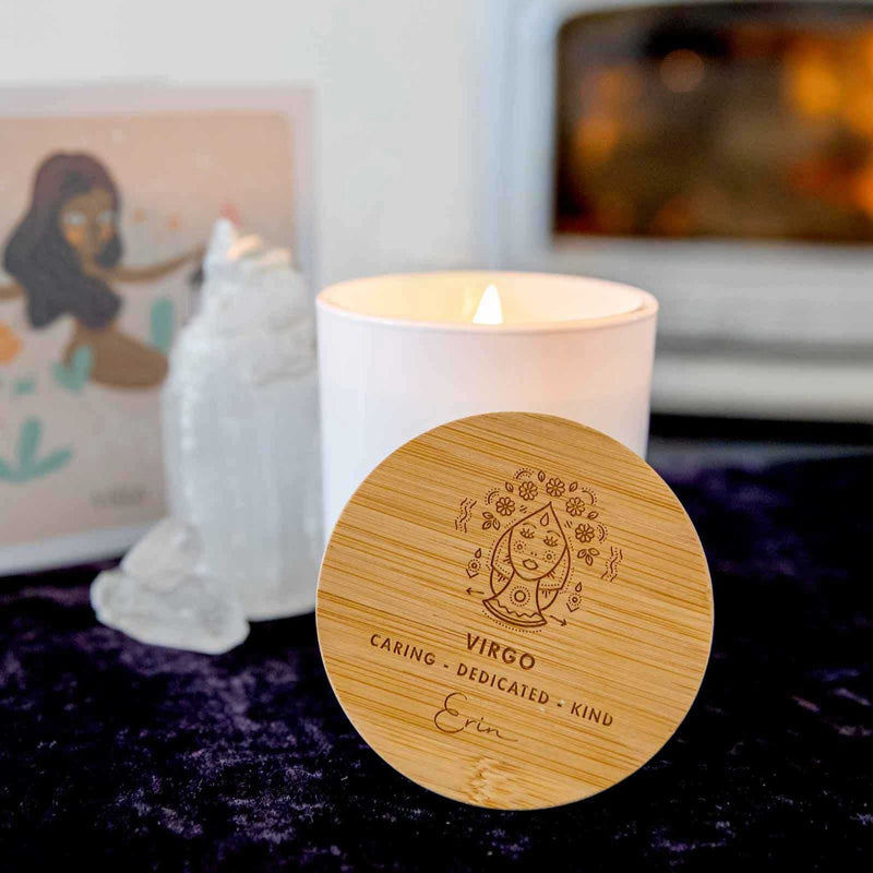 Birthday Custom Artwork Engraved Wooden Lid Zodiac Soy Black Candle with Wood Wick Virgo