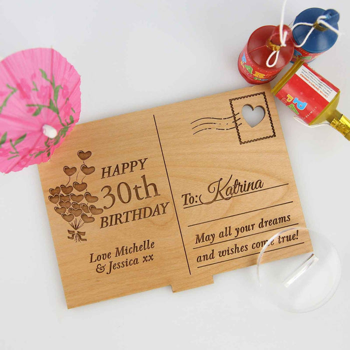 Custom Designed Laser Cut & Engraved Wooden 30th Birthday Postcard with Clear Acrylic Stand