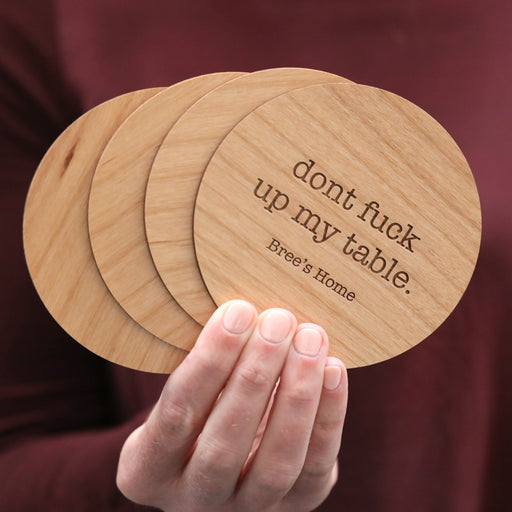 wooden table customised coasters inappropriate house warming gift