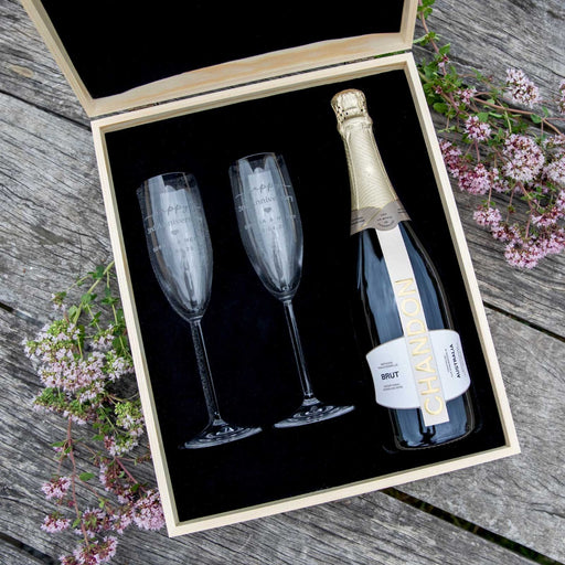 Customised Engraved Wooden Gift Boxed Anniversary Champagne Glass Set