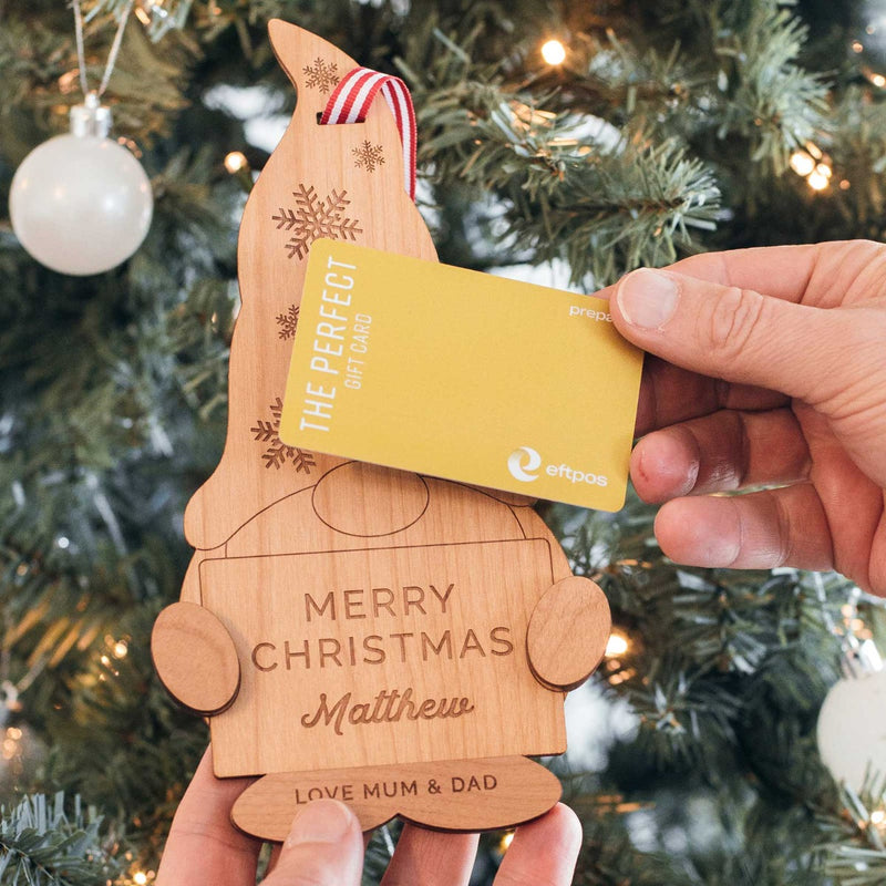 Custom Artwork Engraved Name Wooden Gnome Christmas Decoration and Gift Card Holder