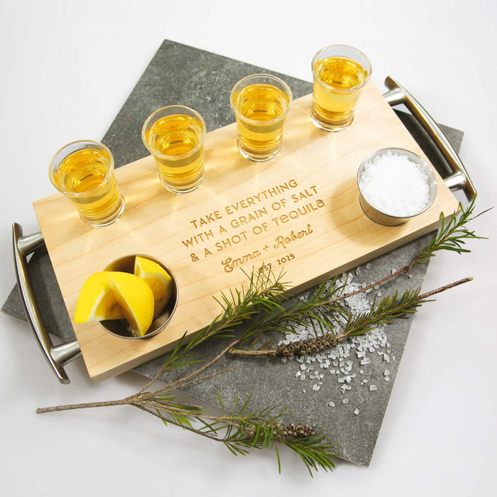 Customised Engraved Name Initials Monogrammed Shots Glasses, Condiment dishes serving wooden board