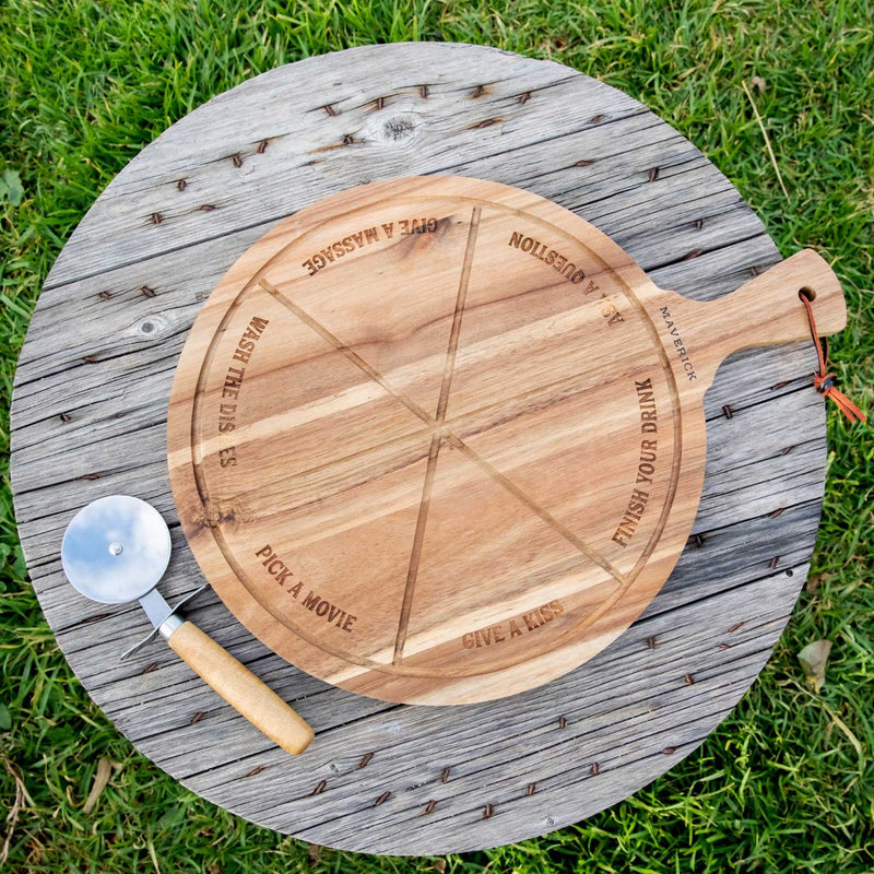 Customised Engraved Acacia Wood Pizza Board with Pizza Wheel Cutter Christmas Present