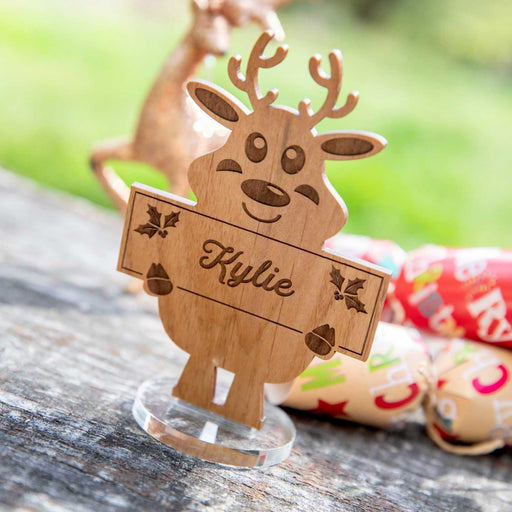 Custom Engraved Wood Christmas Santa's Reindeer Place Card with Stand
