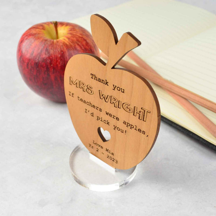 Engraved Wooden Teacher Apple Plaque with Stand