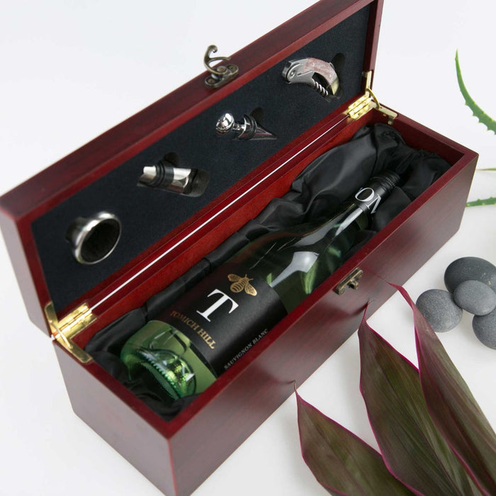 Personalised Engraved Wooden Stained Wine Box Set With wine tools inlay-ed in the lid.