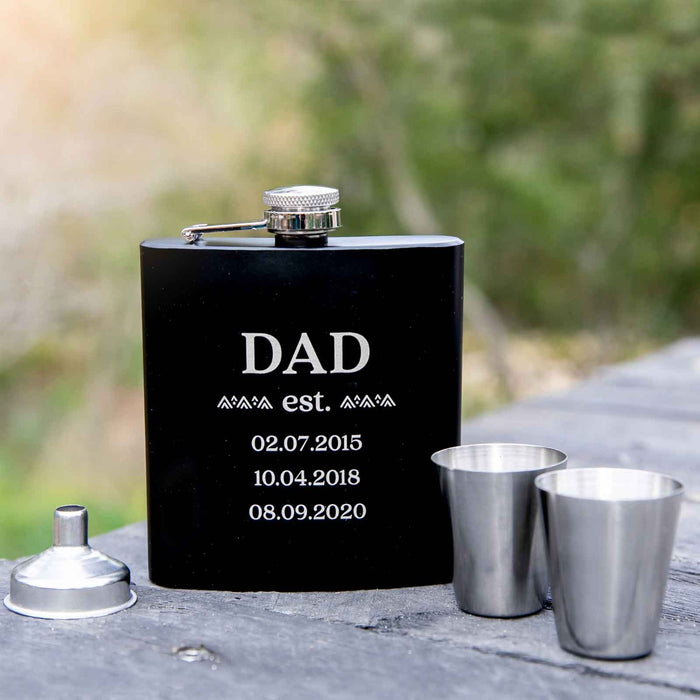 Custom Artwork Engraved Black Hip flask & silver shot glass Set Father's Day Gift