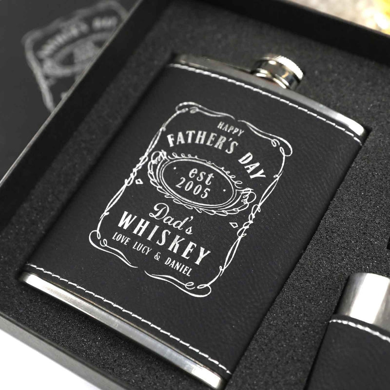 Custom designed Engraved Father's Day Black Leather bound Hip Flask Present