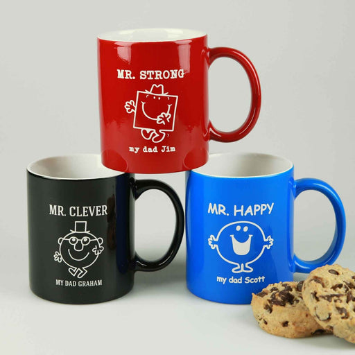 Custom Designed Engraved Father’s Day Character Coffee Mugs Present- Mr Strong, Mr Clever, Mr Happy