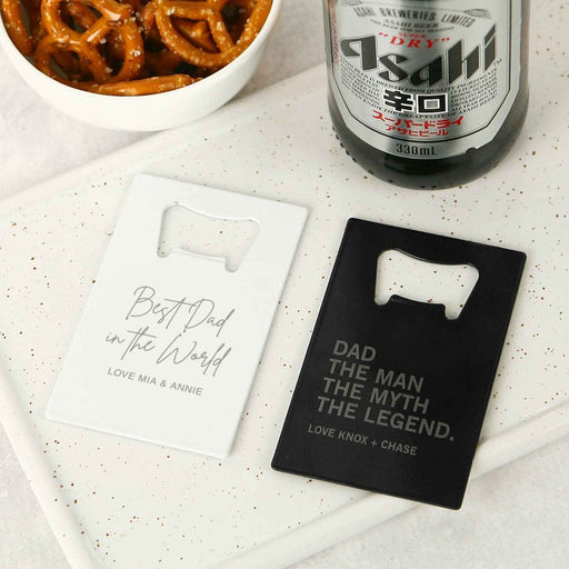 Personalised Engraved White and Black Father's Day Metal Credit Card Bottle Opener Present