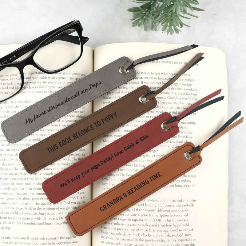 Personalised Engraved Father's Day Grey, Dark Brown, Tan, Maroon Leather Bookmarks Present