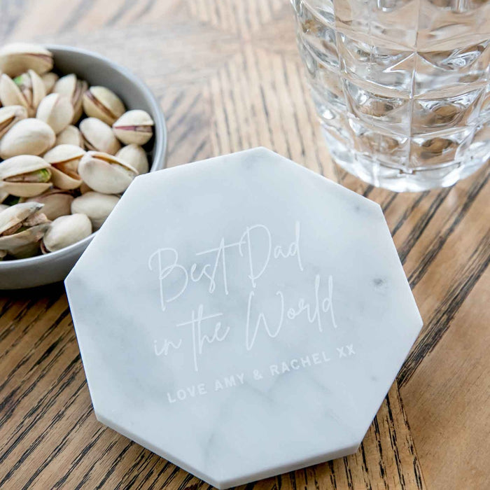 Custom Artwork Engraved "Best Dad in the World" White Marble Coasters Father's Day Gift