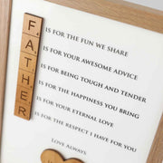 Personalised acrylic print with wooden heart and names for Dad