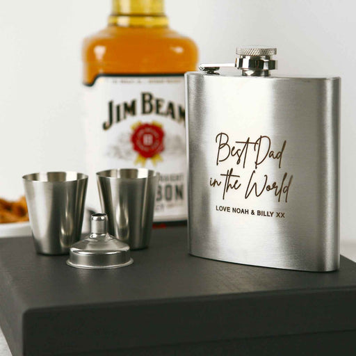 Customised Engraved Silver Hip Flask With Silver Shot Glasses Gift Box Set Father's Day Present