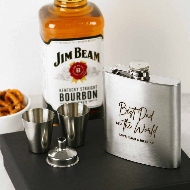 Custom Artwork Engraved "Best Dad in the World" Silver Hip Flask With Silver Shot Glasses Father's Day Present